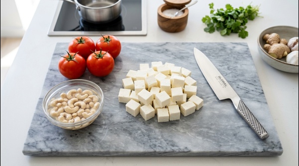 Simmering tomato and cashew gravy in a modern pan