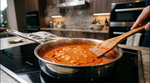 Finished paneer butter masala garnished with cream and cilantro