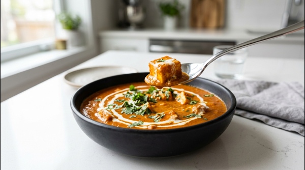 Restaurant style paneer butter masala served in a bowl with cream swirl