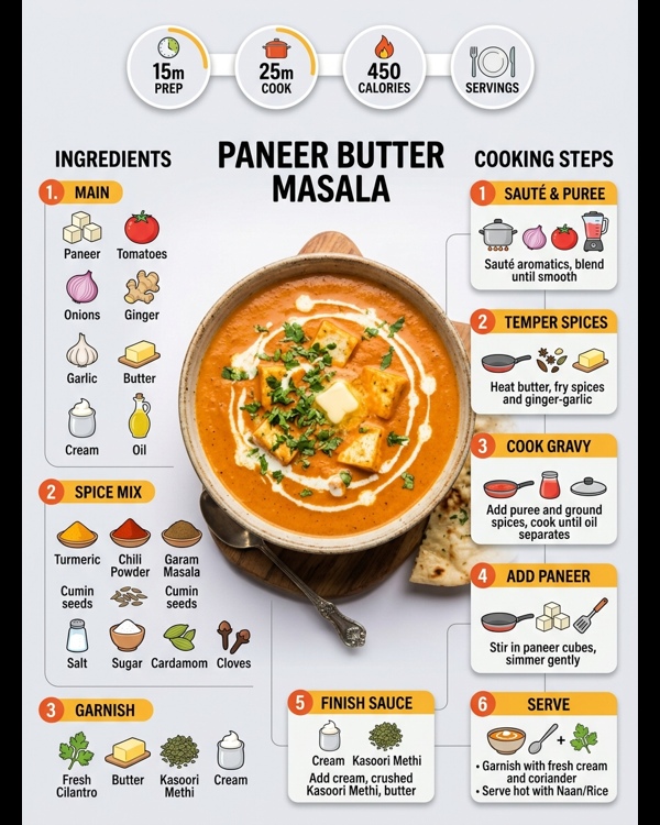 Restaurant style paneer butter masala served in a bowl with cream swirl