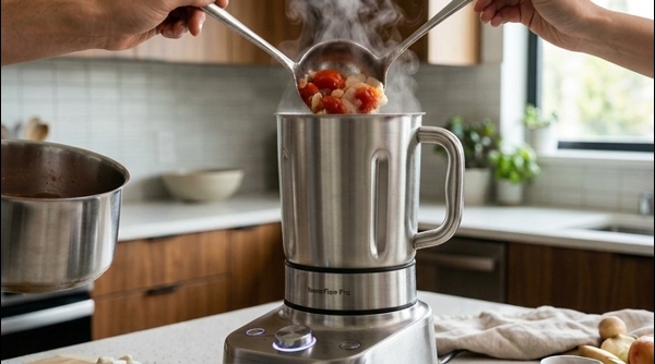 A smooth orange tomato and cashew paste being blended in a modern kitchen