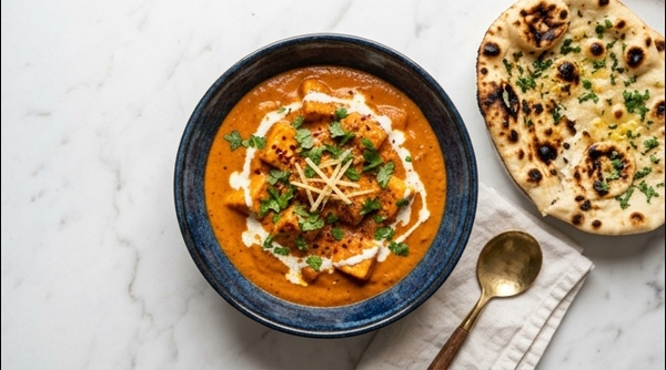 A premium bowl of Paneer Lababdar with fresh cream and coriander garnish on a marble countertop