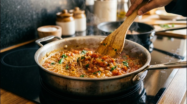 Creamy paneer masala simmering in a modern stainless steel pan with visible steam