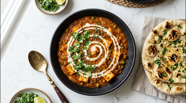 A premium bowl of creamy Paneer Masala garnished with fresh cream and coriander in a modern kitchen