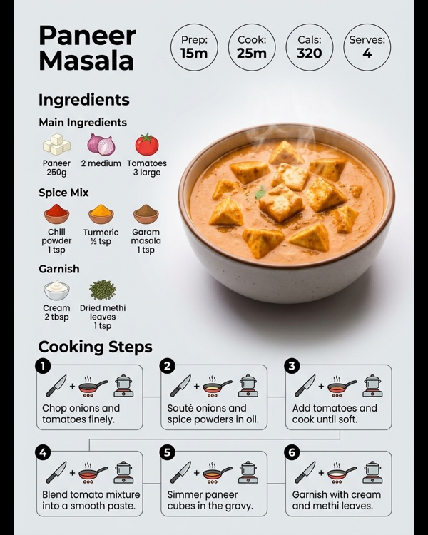 A premium bowl of creamy Paneer Masala garnished with fresh cream and coriander in a modern kitchen