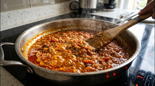 Close up of finished Paneer Masala with cream and coriander garnish