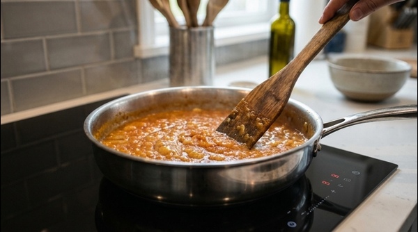 Final paneer masala simmering in a modern stainless steel pan