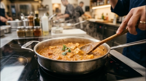 Final plated Paneer Masala with a swirl of cream and cilantro
