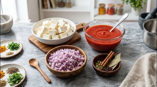 Fresh paneer cubes and chopped ingredients arranged neatly on a white marble countertop