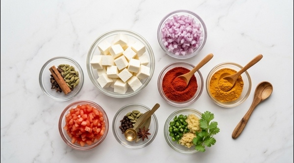 Chopped onions, spices, and paneer cubes arranged on a marble counter