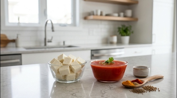 Prepped ingredients including cubed paneer and tomato puree on a white counter