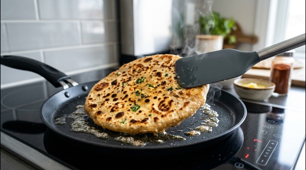 Cooking the paneer paratha on a modern tawa until golden brown Cooking the paneer paratha on a modern tawa until golden brown