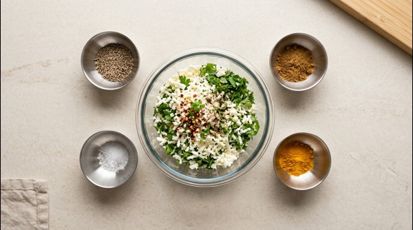 Preparing the spiced paneer filling in a glass bowl with fresh coriander Preparing the spiced paneer filling in a glass bowl with fresh coriander