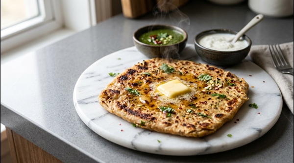 Restaurant style paneer paratha served hot with butter and green chutney Restaurant style paneer paratha served hot with butter and green chutney