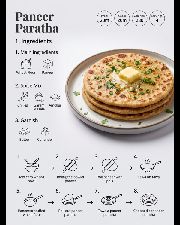 Restaurant style paneer paratha served hot with butter and green chutney Restaurant style paneer paratha served hot with butter and green chutney