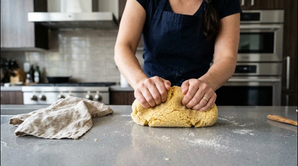 Stiff dough for pani puri shells resting under a damp cloth