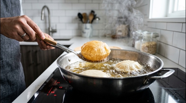 Platter of finished pani puri with bowls of spicy water and stuffing