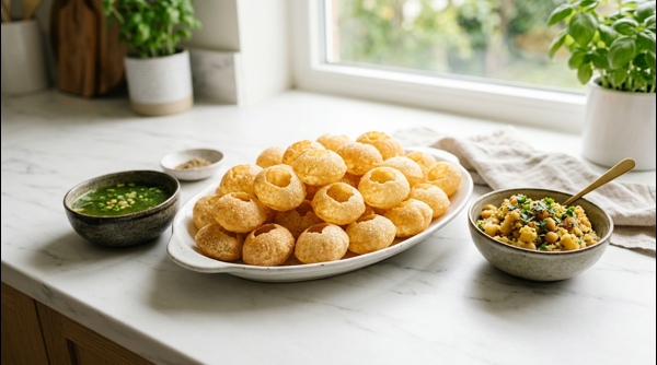A platter of crispy pani puri shells with spicy mint water and potato filling