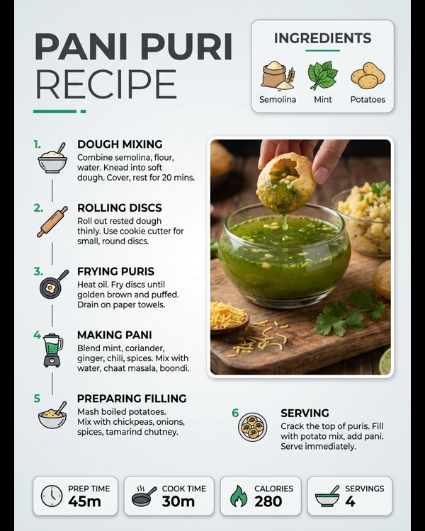 A platter of crispy pani puri shells with spicy mint water and potato filling