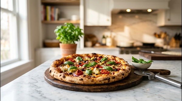 A perfectly baked veg pizza with a golden brown crust on a modern kitchen counter