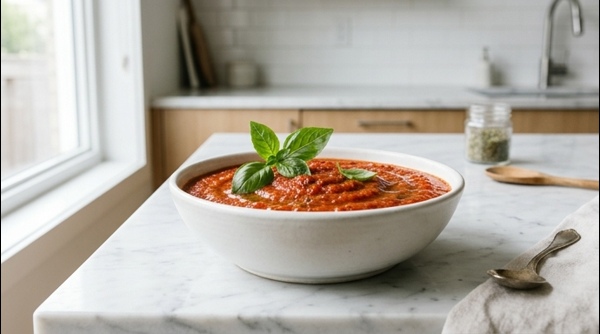 Rich red homemade pizza sauce in a white ceramic bowl with fresh basil