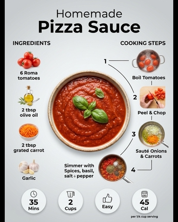 Rich red homemade pizza sauce in a white ceramic bowl with fresh basil