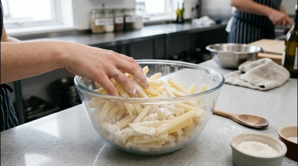 Coating sliced potato sticks with cornflour in a modern kitchen bowl