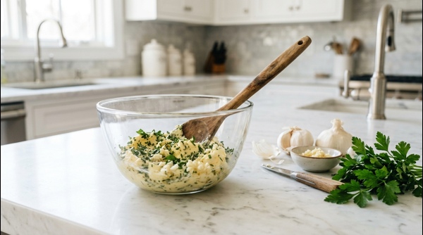Spreading fresh garlic herb butter onto a sliced French baguette Spreading fresh garlic herb butter onto a sliced French baguette
