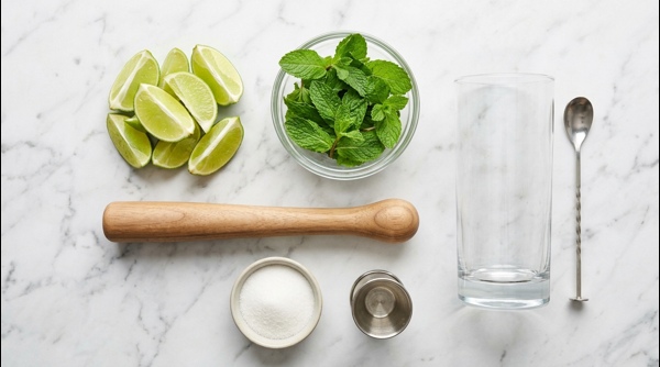 Close up of fresh mint leaves and lime wedges on a modern stone countertop