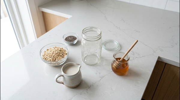 Adding dry rolled oats and chia seeds into a clear glass mason jar on a white counter