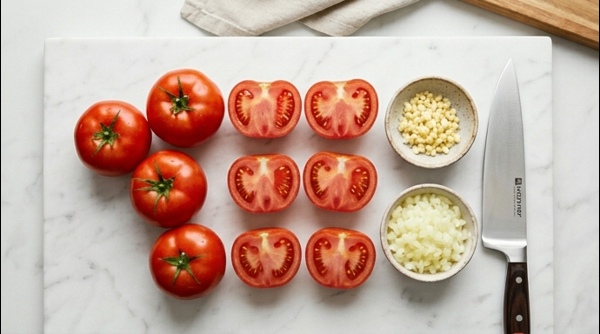A chef peeling blanched tomatoes on a clean white countertop