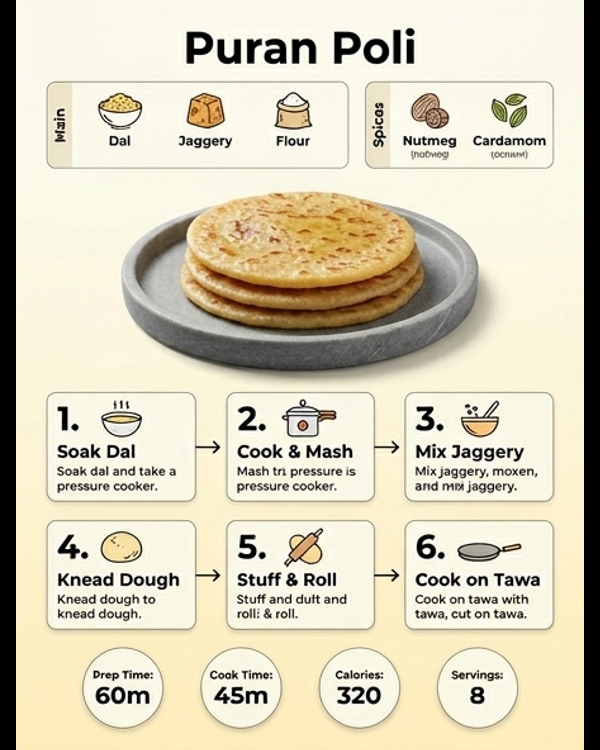 Traditional Maharashtrian Puran Poli served on a modern white plate with a drizzle of ghee