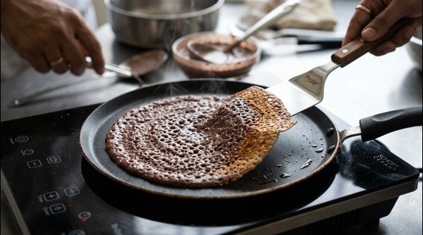 Crispy ragi dosa served with white coconut chutney and red tomato chutney Crispy ragi dosa served with white coconut chutney and red tomato chutney