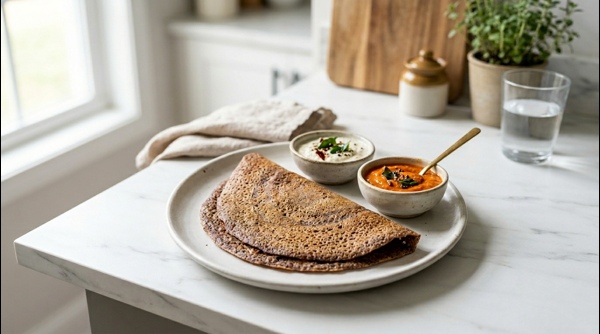 Crispy brown ragi dosa served on a modern white plate with coconut chutney Crispy brown ragi dosa served on a modern white plate with coconut chutney