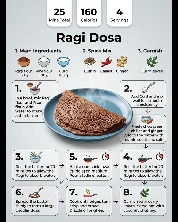 Crispy brown ragi dosa served on a modern white plate with coconut chutney Crispy brown ragi dosa served on a modern white plate with coconut chutney