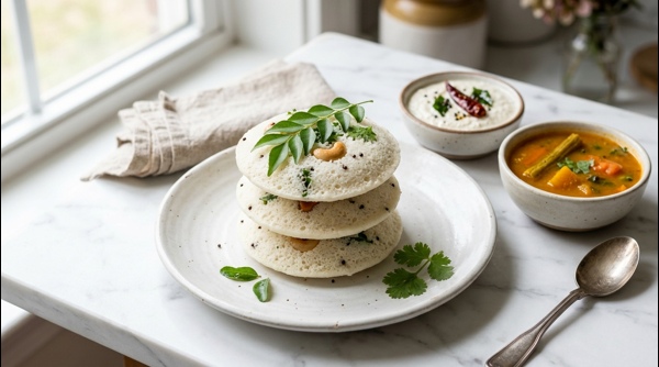 Soft and fluffy rava idlis served on a white plate with coconut chutney and sambar