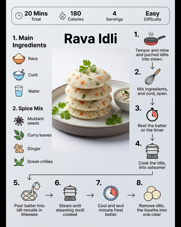 Soft and fluffy rava idlis served on a white plate with coconut chutney and sambar