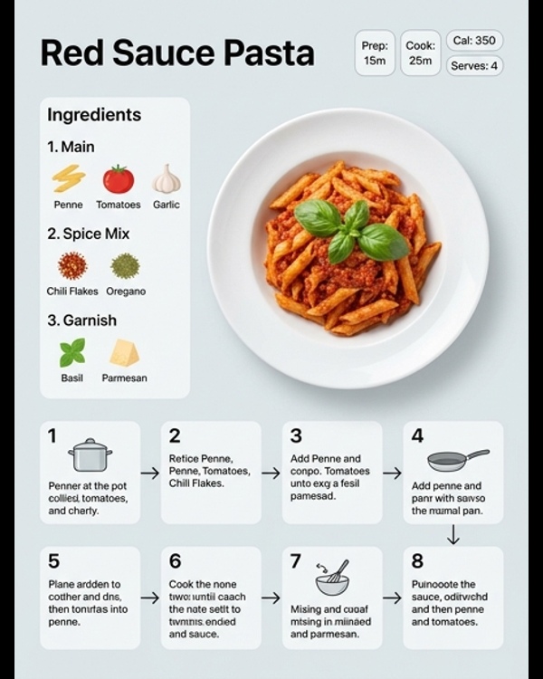 A delicious plate of red sauce pasta garnished with fresh basil and parmesan cheese