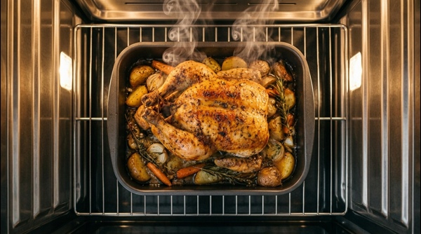 A beautifully carved roast chicken on a platter with roasted vegetables