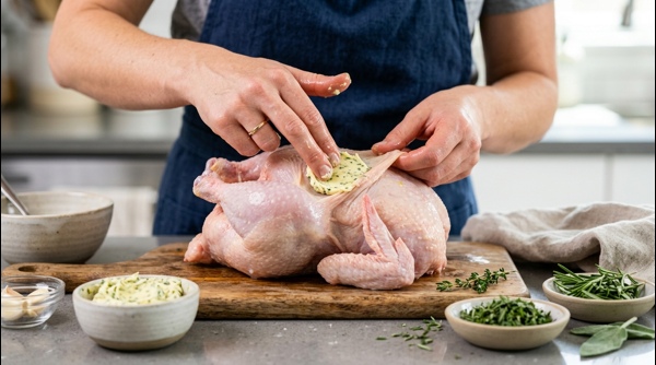 Chefs hands loosening the skin of a raw chicken for butter stuffing