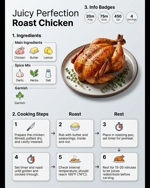 Perfectly golden brown roast chicken on a modern white platter with herbs