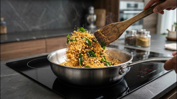 Roasting semolina with mustard seeds and curry leaves in a modern pan