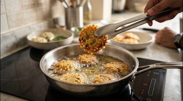 Frying Sabudana Vada in a modern stainless steel pan until golden brown