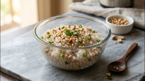 Soaked sabudana pearls and crushed peanuts on a clean marble countertop