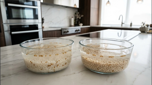 Two glass bowls containing soaked rice and lentils on a white marble countertop