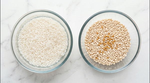 Rice and urad dal soaking in separate modern glass bowls on a white counter Rice and urad dal soaking in separate modern glass bowls on a white counter