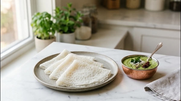 Soft and white Neer Dosa served with coconut chutney and sambar on a modern plate