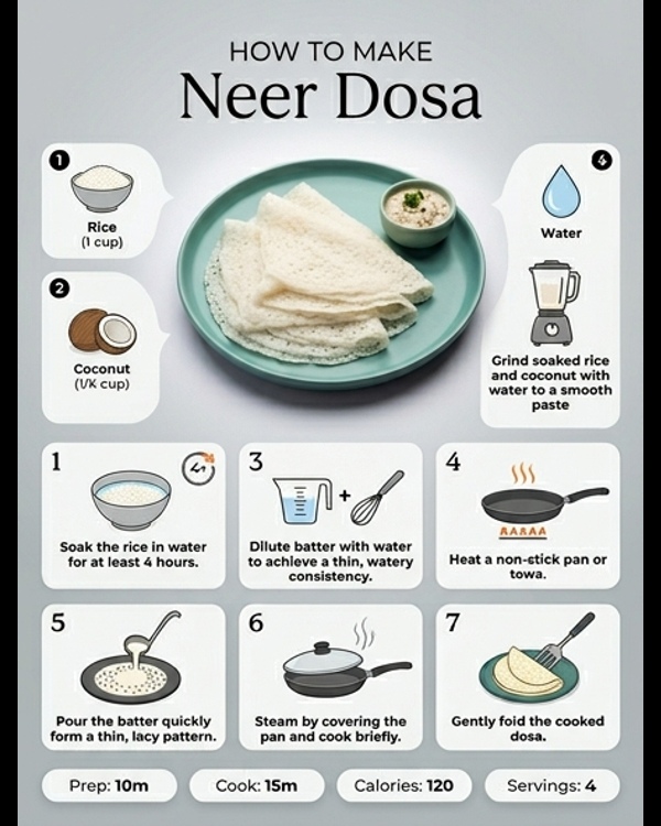 Soft and white Neer Dosa served with coconut chutney and sambar on a modern plate