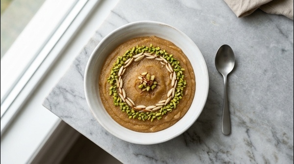 A golden bowl of Sooji Halwa garnished with sliced almonds and pistachios on a marble surface