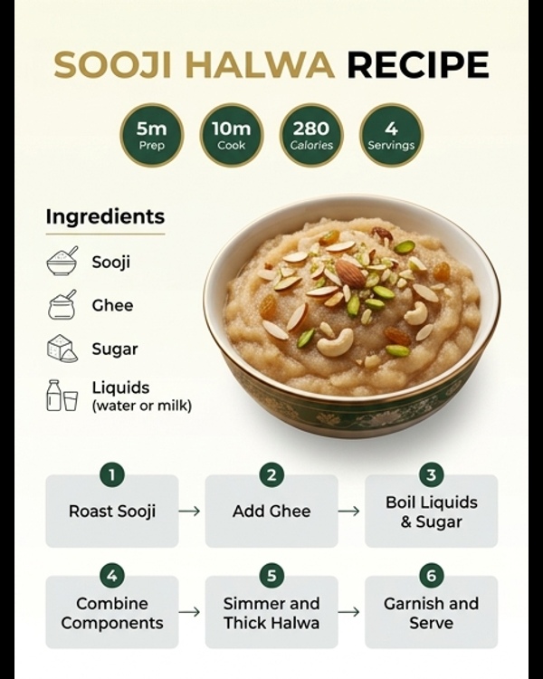 A golden bowl of Sooji Halwa garnished with sliced almonds and pistachios on a marble surface